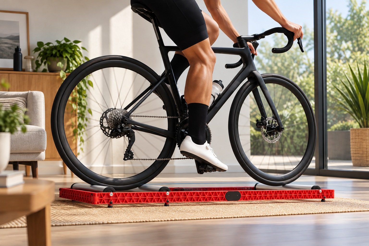 Ciclista pedaleando en una bicicleta de carretera sobre rodillos de rulos rojos en casa