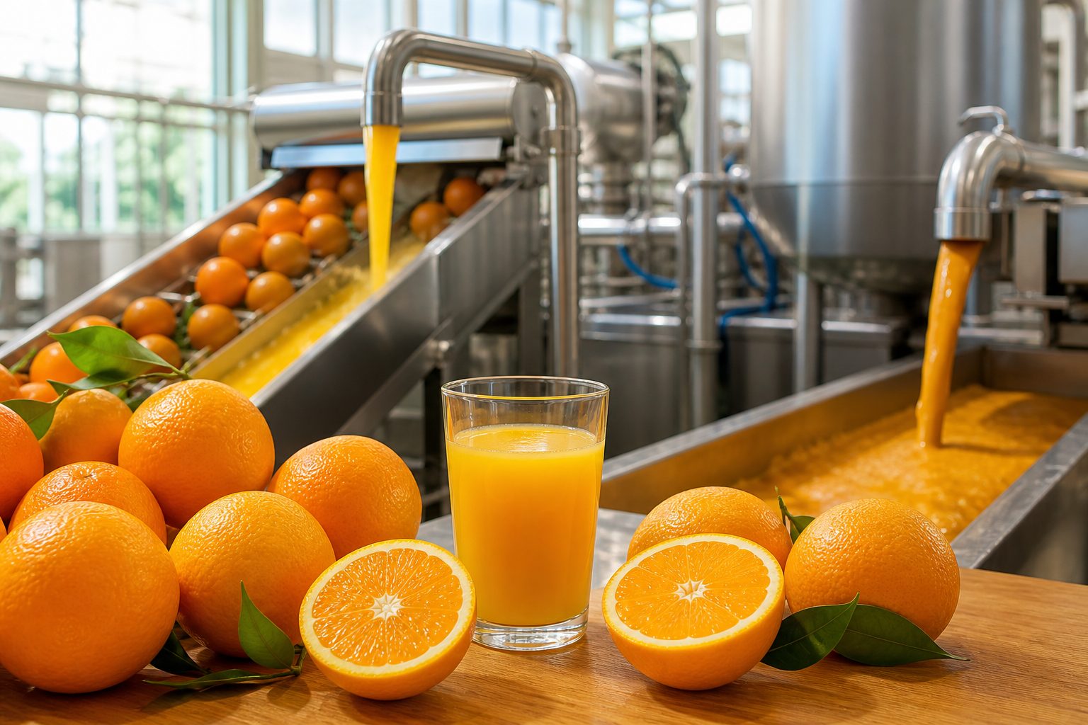 Naranjas frescas y zumo en una planta de procesado de cítricos
